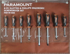 Paramount - 8 Piece Slotted, Phillips & Cabinet Screwdriver Set - Blade Sizes: Width 3/16, 1/4 & 5/16, Bit Sizes: Philips #0 to #3 - Exact Industrial Supply