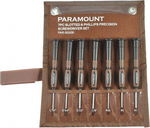 Paramount - 7 Piece Phillips & Slotted Screwdriver Set - Bit Sizes: Philips #00 to #1 - Exact Industrial Supply