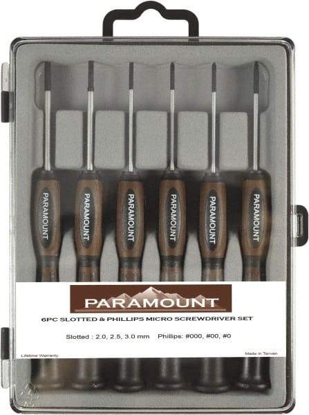 Paramount - 6 Piece Phillips & Slotted Screwdriver Set - Bit Sizes: Philips #000 to #0 - Exact Industrial Supply