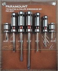 Paramount - 7 Piece Slotted, Phillips & Stubby Screwdriver Set - Blade Sizes: Width 1/4, 5/16 & 3/8, Bit Sizes: Philips #1 & #2 - Exact Industrial Supply