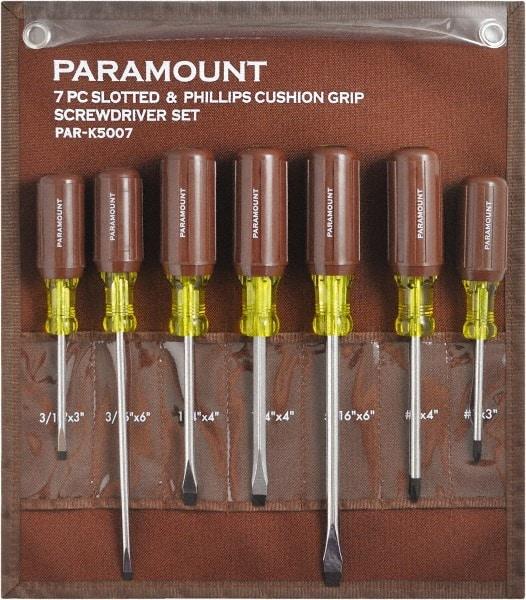 Paramount - 7 Piece Phillips & Slotted Screwdriver Set - Bit Sizes: Philips #0 to #4 - Exact Industrial Supply