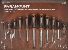 Paramount - 11 Piece Slotted, Phillips, Cabinet & Offset Screwdriver Set - Bit Sizes: Philips #0 to #3 - Exact Industrial Supply