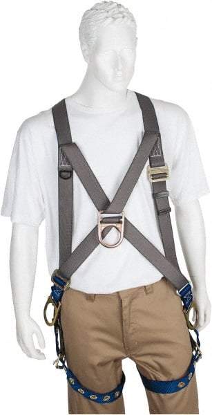 PRO-SAFE - 350 Lb Capacity, Size Universal, Full Body Cross-Over Safety Harness - Polyester, Front D-Ring, Side D-Ring, Tongue Buckle Leg Strap, Pass-Thru Chest Strap, Gray/Blue - Exact Industrial Supply