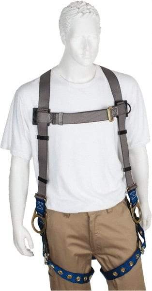 PRO-SAFE - 350 Lb Capacity, Size XXL, Full Body Back D-Ring Safety Harness - Polyester, Side D-Ring, Tongue Buckle Leg Strap, Pass-Thru Chest Strap, Gray/Blue - Exact Industrial Supply