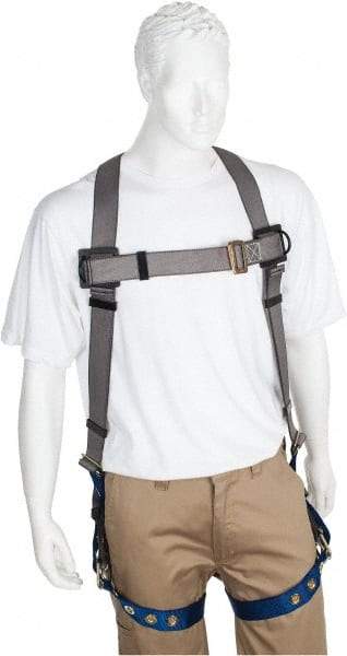 PRO-SAFE - 350 Lb Capacity, Size XXL, Full Body Premium Tongue Buckle Safety Harness - Polyester, Tongue Buckle Leg Strap, Pass-Thru Chest Strap, Gray/Blue - Exact Industrial Supply