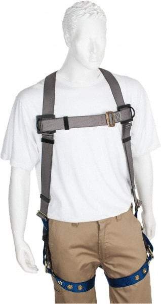 PRO-SAFE - 350 Lb Capacity, Size XL, Full Body Premium Tongue Buckle Safety Harness - Polyester, Tongue Buckle Leg Strap, Pass-Thru Chest Strap, Gray/Blue - Exact Industrial Supply