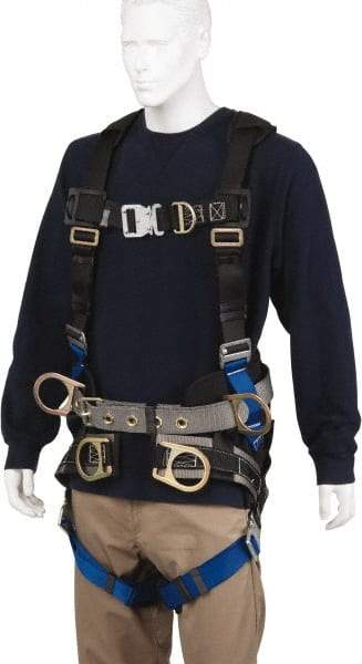 PRO-SAFE - 350 Lb Capacity, Size XXL, Full Body Tower Climbers Safety Harness - Polyester, Front D-Ring, Side D-Ring, Quick Connect Leg Strap, Quick Connect Chest Strap, Black/Blue - Exact Industrial Supply