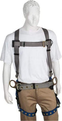 PRO-SAFE - 350 Lb Capacity, Size XL, Full Body Construction Safety Harness - Polyester, Side D-Ring, Tongue Buckle Leg Strap, Pass-Thru Chest Strap, Gray/Blue - Exact Industrial Supply