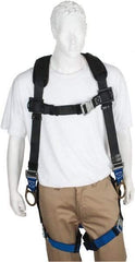 PRO-SAFE - 350 Lb Capacity, Size XXL, Full Body Padded Back D-Ring Safety Harness - Polyester, Side D-Ring, Quick Connect Leg Strap, Quick Connect Chest Strap, Black/Blue - Exact Industrial Supply