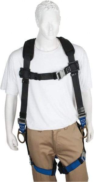 PRO-SAFE - 350 Lb Capacity, Size XL, Full Body Padded Back D-Ring Safety Harness - Polyester, Side D-Ring, Quick Connect Leg Strap, Quick Connect Chest Strap, Black/Blue - Exact Industrial Supply
