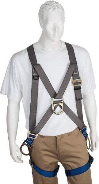 PRO-SAFE - 350 Lb Capacity, Size Universal, Full Body Cross-Over Safety Harness - Polyester, Front D-Ring, Side D-Ring, Pass-Thru Leg Strap, Pass-Thru Chest Strap, Gray/Blue - Exact Industrial Supply
