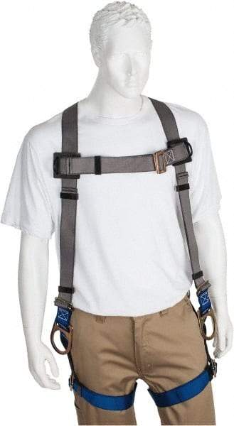 PRO-SAFE - 350 Lb Capacity, Size XXL, Full Body Back D-Ring Safety Harness - Polyester, Side D-Ring, Pass-Thru Leg Strap, Pass-Thru Chest Strap, Gray/Blue - Exact Industrial Supply
