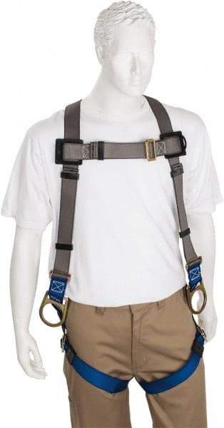 PRO-SAFE - 350 Lb Capacity, Size Universal, Full Body Back D-Ring Safety Harness - Polyester, Side D-Ring, Pass-Thru Leg Strap, Pass-Thru Chest Strap, Gray/Blue - Exact Industrial Supply
