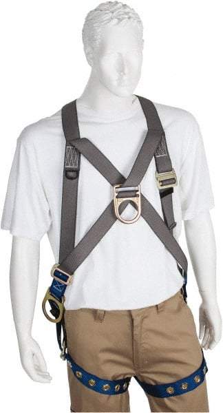PRO-SAFE - 350 Lb Capacity, Size XXL, Full Body Cross-Over Safety Harness - Polyester, Front D-Ring, Side D-Ring, Tongue Buckle Leg Strap, Pass-Thru Chest Strap, Gray/Blue - Exact Industrial Supply