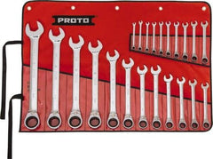 Proto - 22 Piece, 6mm to 36mm, 12 Point Reversible Ratcheting Combination Wrench Set - Metric Measurement Standard, Full Polish Chrome Finish, Comes in Tool Roll - Exact Industrial Supply