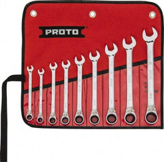Proto - 9 Piece, 9/32" to 3/4", 12 Point Reversible Ratcheting Combination Wrench Set - Inch Measurement Standard, Full Polish Chrome Finish, Comes in Tool Roll - Exact Industrial Supply