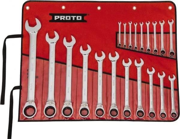 Proto - 20 Piece, 7/32" to 1-1/2", 12 Point Reversible Ratcheting Combination Wrench Set - Inch Measurement Standard, Full Polish Chrome Finish, Comes in Tool Roll - Exact Industrial Supply