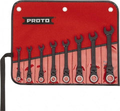 Proto - 8 Piece, 5/16" to 3/4", 12 Point Ratcheting Flex-Head Spline Wrench Set - Inch Measurement Standard, Black/Chrome Finish, Comes in Nylon Roll - Exact Industrial Supply