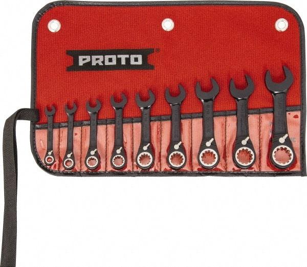 Proto - 9 Piece, 1/4" to 3/4", 12 Point Short Ratcheting Reversible Combination Spline Wrench Set - Inch Measurement Standard, Black/Chrome Finish, Comes in Tool Roll - Exact Industrial Supply