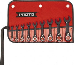 Proto - 9 Piece, 1/4" to 3/4", 12 Point Short Ratcheting Reversible Combination Spline Wrench Set - Inch Measurement Standard, Black/Chrome Finish, Comes in Tool Roll - Exact Industrial Supply