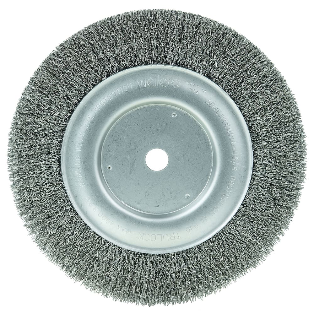 Weiler - Wheel Brushes; Outside Diameter (Inch): 8 ; Arbor Hole Thread Size: 1/4 ; Wire Type: Crimped Wire ; Fill Material: Steel ; Face Width (Inch): 5/8 ; Trim Length (Inch): 1-1/2 - Exact Industrial Supply