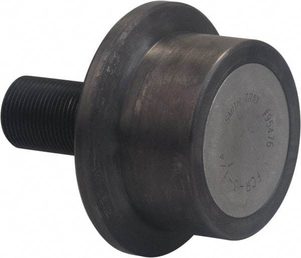 Accurate Bushing - 76mm Roller Diam x 52mm Width, 30mm Stud Diam x 69.5mm Length, Flanged Load Roller - Carbon Steel, 40mm Thread Length, M30 x 3.5 Thread, 121.5mm OAL, 63,600 N Dynamic Cap, 89,000 N Static Cap - Exact Industrial Supply