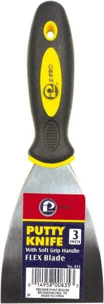 Premier Paint Roller - 3" Wide Spring Blade Steel Putty Knife - Stiff, Soft Grip Plastic Handle, 8.343" OAL - Exact Industrial Supply