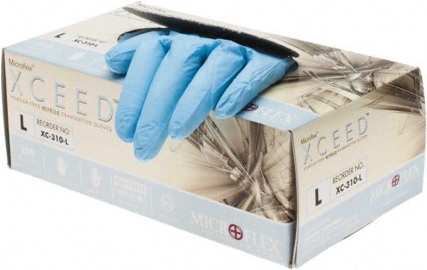 Disposable Gloves: Size Large, 3 mil, Nitrile Blue, 9-1/2″ Length, Textured Fingers, Static Dissipative