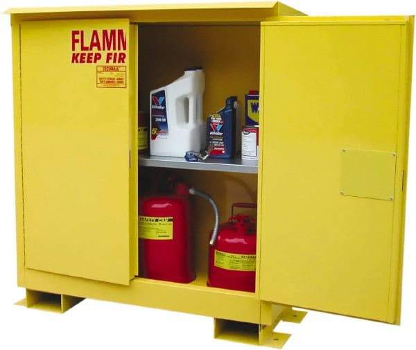 Securall Cabinets - 2 Door, 1 Shelf, Yellow Steel Standard Safety Cabinet for Flammable and Combustible Liquids - 48" High x 43" Wide x 18" Deep, Manual Closing Door, 3 Point Key Lock, 30 Gal Capacity - Exact Industrial Supply