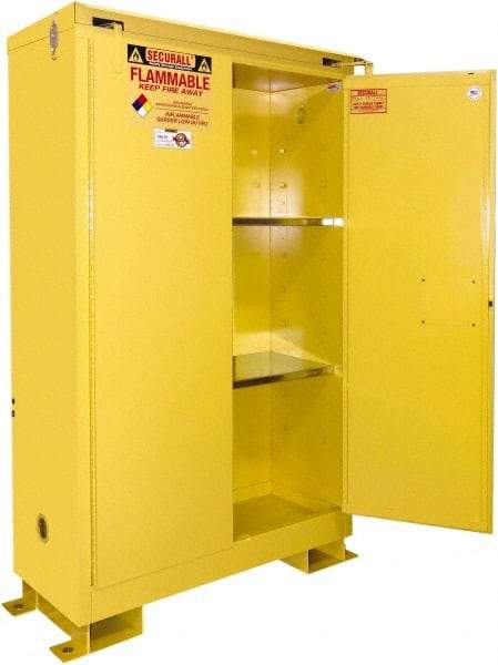 Securall Cabinets - 2 Door, 2 Shelf, Yellow Steel Standard Safety Cabinet for Flammable and Combustible Liquids - 71" High x 43" Wide x 18" Deep, Self Closing Door, 3 Point Key Lock, 45 Gal Capacity - Exact Industrial Supply