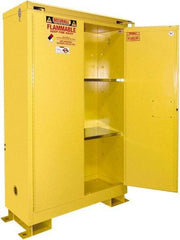 Securall Cabinets - 2 Door, 2 Shelf, Yellow Steel Standard Safety Cabinet for Flammable and Combustible Liquids - 71" High x 31" Wide x 31" Deep, Self Closing Door, 3 Point Key Lock, 60 Gal Capacity - Exact Industrial Supply