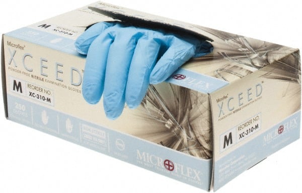 Disposable Gloves: Size Medium, 3 mil, Nitrile Blue, 9-1/2″ Length, Textured Fingers, Static Dissipative