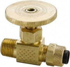 Parker - 1/4" Pipe, Inline Needle Valve - Poly-Tite x MNPTF Ends, Brass Valve, 150 Max psi - Exact Industrial Supply