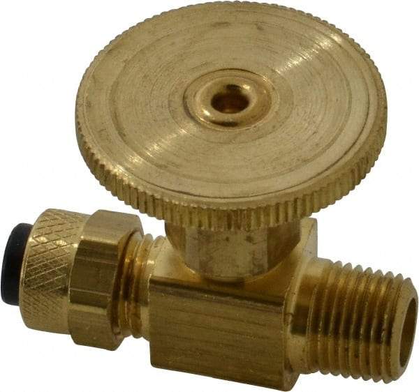 Parker - 1/4 x 1/8" Pipe, Inline Needle Valve - Poly-Tite x MNPTF Ends, Brass Valve, 150 Max psi - Exact Industrial Supply