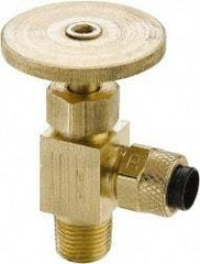 Parker - 1/4" Pipe, Angled Needle Valve - Poly-Tite x MNPTF Ends, Brass Valve, 150 Max psi - Exact Industrial Supply