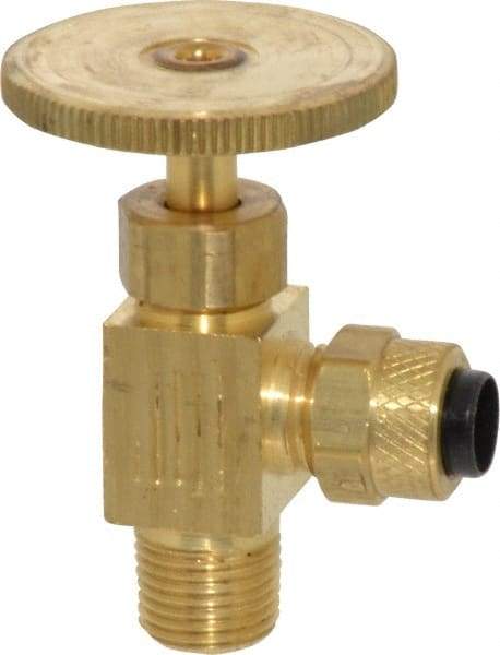 Parker - 1/4 x 1/8" Pipe, Angled Needle Valve - Poly-Tite x MNPTF Ends, Brass Valve, 150 Max psi - Exact Industrial Supply