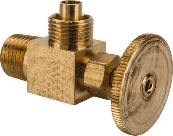 Parker - 3/8 x 1/4" Pipe, Angled Needle Valve - Poly-Tite x MNPTF Ends, Brass Valve, 150 Max psi - Exact Industrial Supply