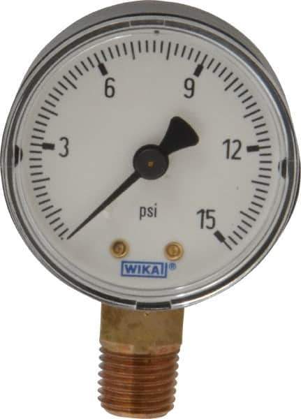 Wika - 2" Dial, 1/4 Thread, 0-15 Scale Range, Pressure Gauge - Lower Connection Mount, Accurate to 3-2-3% of Scale - Exact Industrial Supply