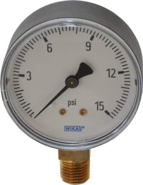 Wika - 2-1/2" Dial, 1/4 Thread, 0-15 Scale Range, Pressure Gauge - Lower Connection Mount, Accurate to 3-2-3% of Scale - Exact Industrial Supply