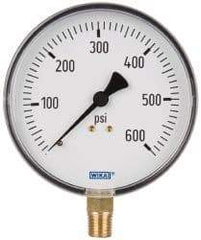 Wika - 4" Dial, 1/4 Thread, 0-600 Scale Range, Pressure Gauge - Lower Connection Mount, Accurate to 3-2-3% of Scale - Exact Industrial Supply