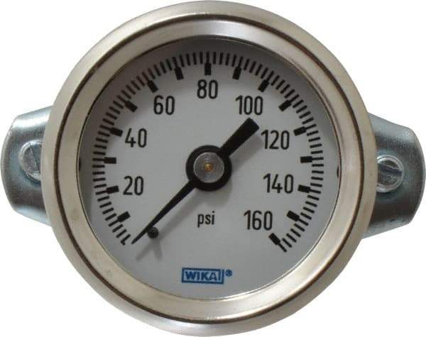 Wika - 1-1/2" Dial, 1/8 Thread, 0-160 Scale Range, Pressure Gauge - U-Clamp Panel Mount, Center Back Connection Mount, Accurate to 3-2-3% of Scale - Exact Industrial Supply