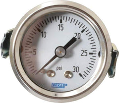 Wika - 1-1/2" Dial, 1/8 Thread, 0-30 Scale Range, Pressure Gauge - U-Clamp Panel Mount, Center Back Connection Mount, Accurate to 3-2-3% of Scale - Exact Industrial Supply