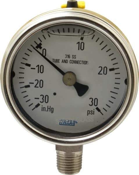 Wika - 2-1/2" Dial, 1/4 Thread, 30-0-30 Scale Range, Pressure Gauge - Lower Connection Mount, Accurate to 2-1-2% of Scale - Exact Industrial Supply