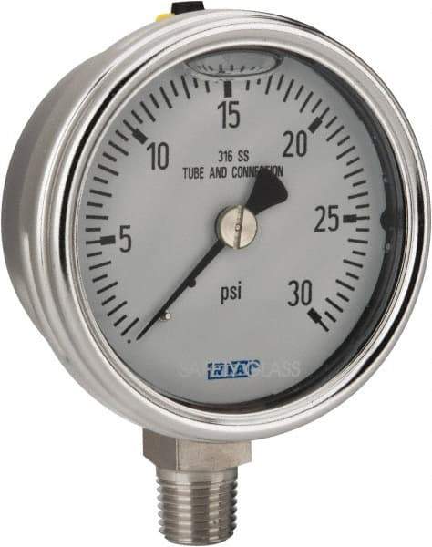 Wika - 2-1/2" Dial, 1/4 Thread, 0-30 Scale Range, Pressure Gauge - Lower Connection Mount, Accurate to 2-1-2% of Scale - Exact Industrial Supply