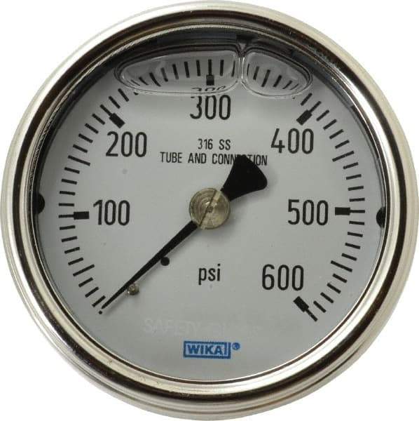 Wika - 2-1/2" Dial, 1/4 Thread, 0-600 Scale Range, Pressure Gauge - Center Back Connection Mount, Accurate to 2-1-2% of Scale - Exact Industrial Supply