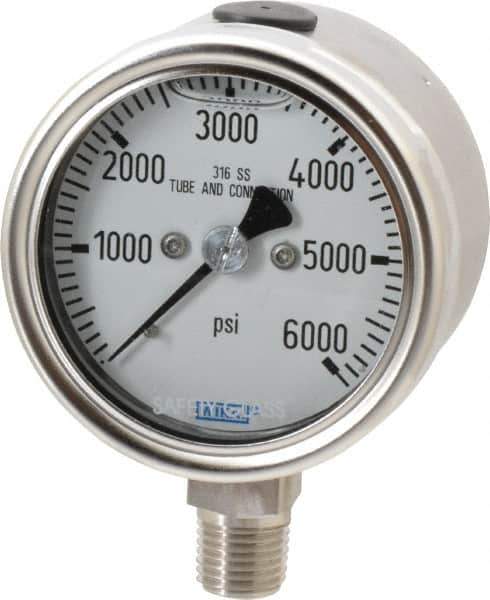 Wika - 2-1/2" Dial, 1/4 Thread, 0-6,000 Scale Range, Pressure Gauge - Lower Connection Mount, Accurate to 2-1-2% of Scale - Exact Industrial Supply