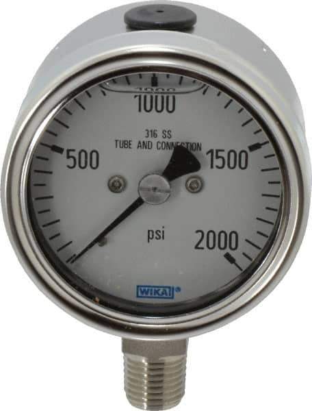 Wika - 2-1/2" Dial, 1/4 Thread, 0-2,000 Scale Range, Pressure Gauge - Lower Connection Mount, Accurate to 2-1-2% of Scale - Exact Industrial Supply