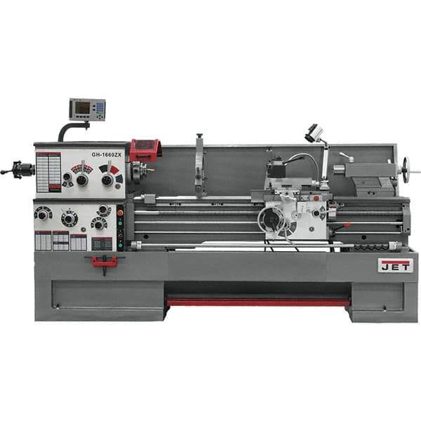 Jet - 16" Swing, 60" Between Centers, 230 Volt, Triple Phase Engine Lathe - 7MT Taper, 7-1/2 hp, 25 to 1,800 RPM, 3-1/8" Bore Diam, 40" Deep x 48" High x 116-1/2" Long - Exact Industrial Supply