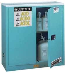 Justrite - 2 Door, 1 Shelf, Blue Steel Standard Safety Cabinet for Corrosive Chemicals - 44" High x 43" Wide x 18" Deep, Manual Closing Door, 3 Point Key Lock, 30 Gal Capacity - Exact Industrial Supply