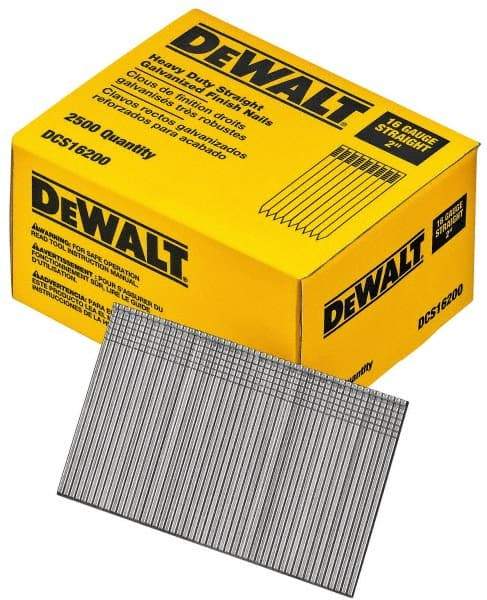 DeWALT - 16 Gauge 2" Long Finishing Nails for Power Nailers - Grade 2 Steel, Galvanized Finish, Straight Stick Collation - Exact Industrial Supply